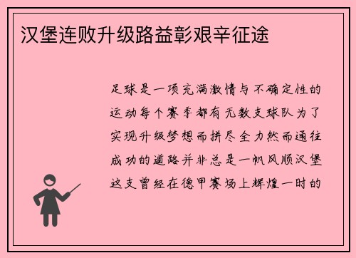 汉堡连败升级路益彰艰辛征途
